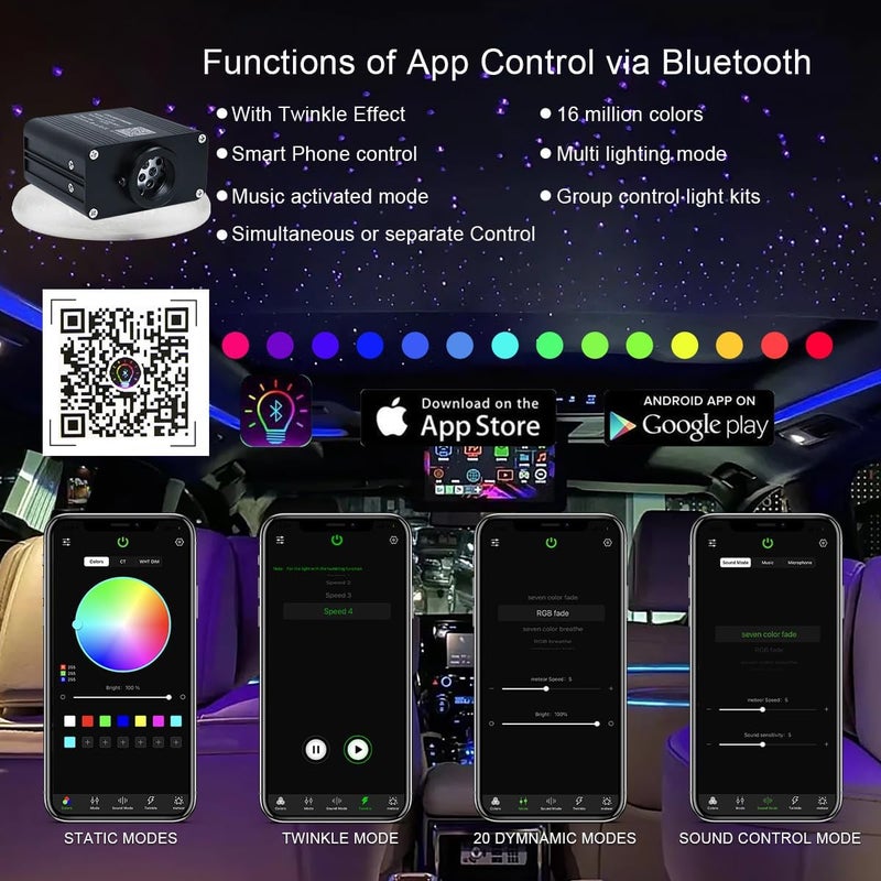 AKEPO 16W Small Size RGBW Twinkle Fiber Optic Lights kit, 200pcs 0.03in 9.8ft/3m Optical Fiber + APP Control+ Music Activated Starlight Headliner Kit for Car/Star Ceiling Light for Home - Image 3